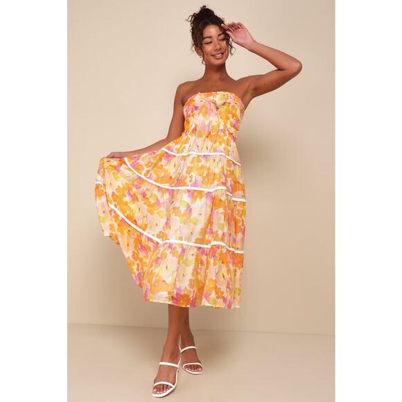 Lulu's Dresses & Skirts - NWT Lulus Sunlight Aura Orange Floral Strapless Tiered Midi Dress Resort Size L